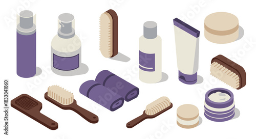 Isometric bath and body products in purple and cream tones on white background