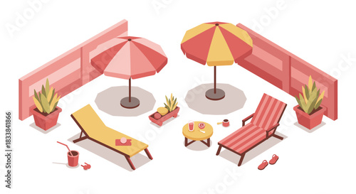 Cozy summer backyard with sun loungers, umbrellas, and refreshments in isometric style