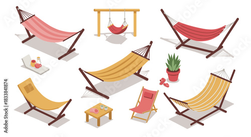 Relaxing hammock and beach chairs in isometric style for summer comfort