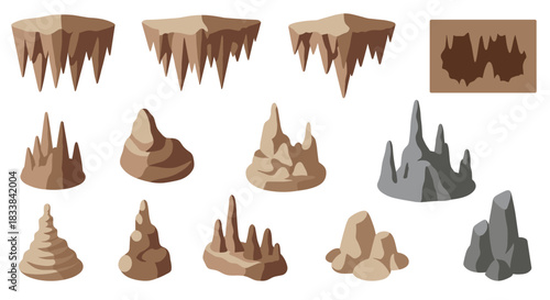 Diverse cave formations collection highlighting stalagmites and stalactites in flat design