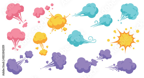 Colorful cartoon cloud bursts and explosions set in flat style