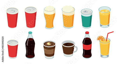 Assorted beverage icons in isometric style: soda, coffee, beer, juice collection