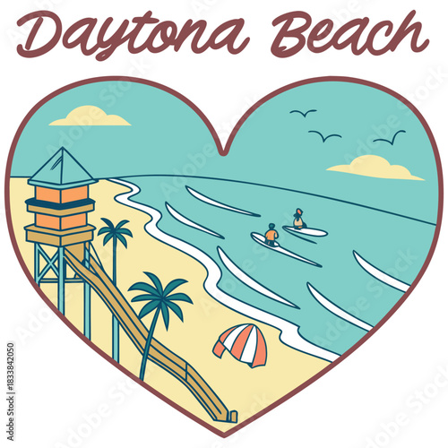 Daytona Beach Lifeguard and Surfers – Heart-Shaped Beach Fun Poster