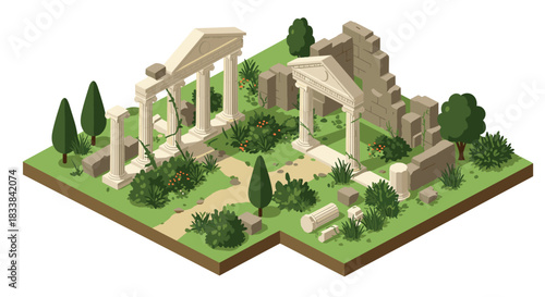 Ancient roman ruins in isometric style with lush vegetation and classical architecture