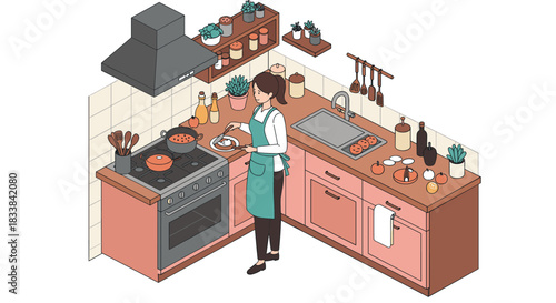 Modern kitchen scene featuring woman cooking in isometric style with pastel colors