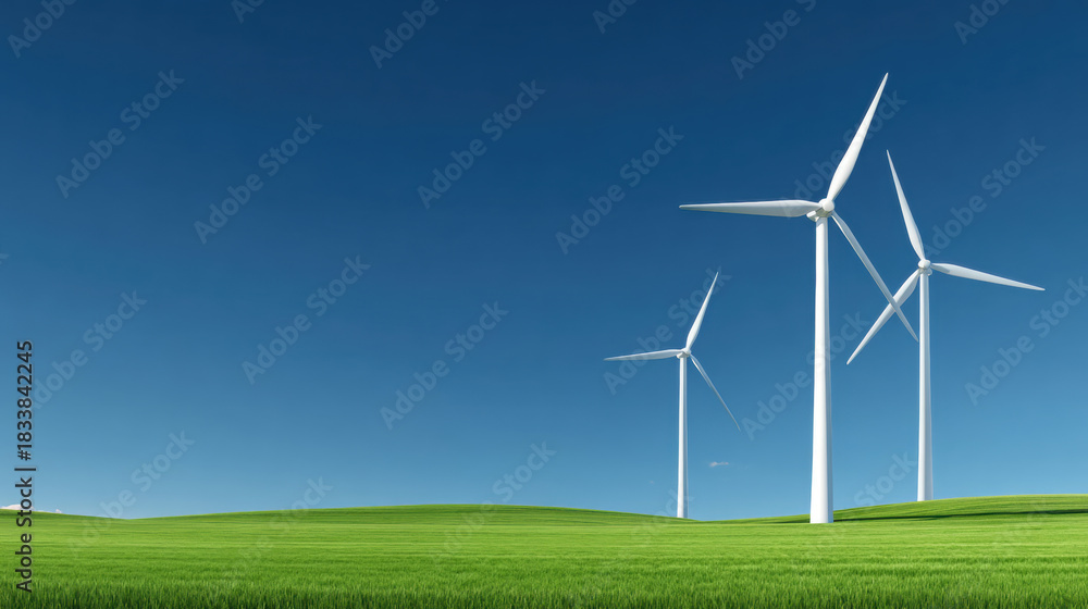 Fototapeta premium Wind turbines generating clean energy on a bright, sunny day. wind turbines stand tall in a field, harnessing the power of the wind to create sustainable energy for the future.