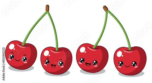 Cute kawaii cherries with smiling faces and glossy details on white background