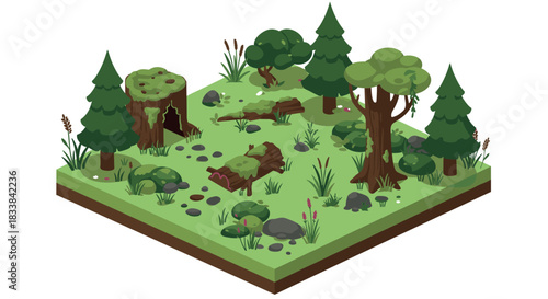 Isometric forest clearing with trees, rocks, and grass in a nature landscape