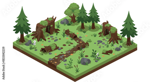 Isometric forest glade with trees and pathway in colorful cartoon style