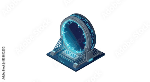 Futuristic isometric sci-fi portal with glowing details on white background