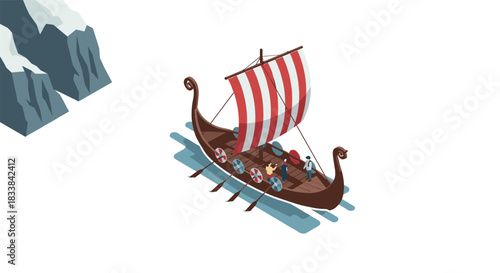 Isometric viking ship sailing by icebergs with red striped sail on calm waters