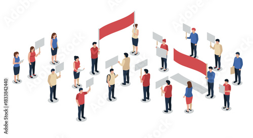 Isometric people holding blank signs at protest with red banners