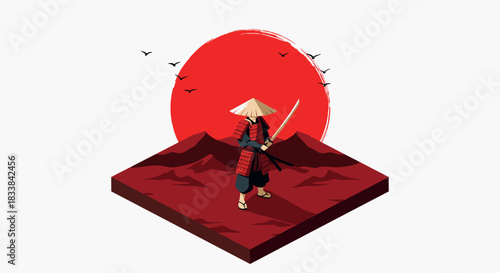 Samurai on red sunset landscape with birds in traditional japanese style