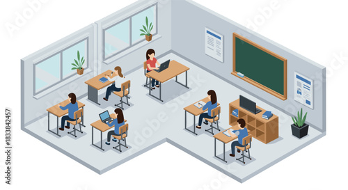 Isometric classroom with students engaged in learning
