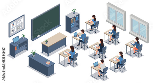 Isometric classroom design: students working on laptops in modern education setting