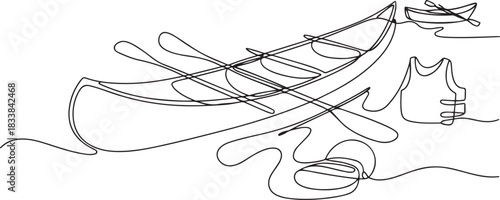 Single continuous line drawing canoe trails and rafting club with kayaking equipment, boat icon continuous one line drawing. one line Icon drawing
