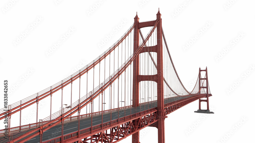 Obraz premium Iconic Red Suspension Bridge 3D Render on White Background