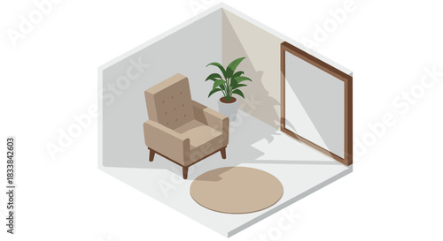 Cozy modern living room corner in isometric style with armchair and plant
