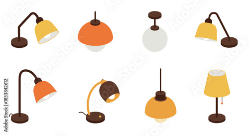 Set of isometric table and ceiling lamps in modern retro style