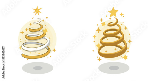 Elegant gold and white christmas tree spirals with stars and sparkles