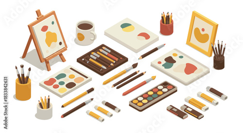 Isometric art supplies set with paints, brushes, and sketchbooks on a white background