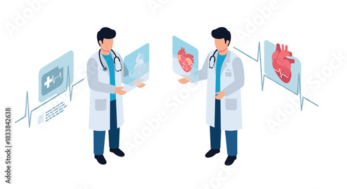 Medical professionals using futuristic digital heart analysis in healthcare technology