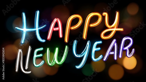 A vibrant neon sign displaying 'Happy New Year' in luminous colors, symbolizing celebration and new beginnings, perfect for festive occasions and holiday promotions.