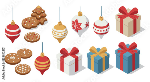Festive christmas decorations and gifts with ornaments in isometric style