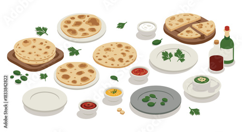 Isometric flat design of traditional bread and condiments on plates