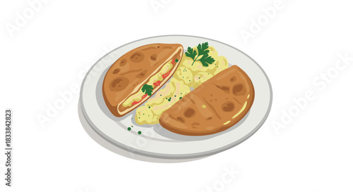 Delicious omelette stuffed flatbread with herbs on white plate