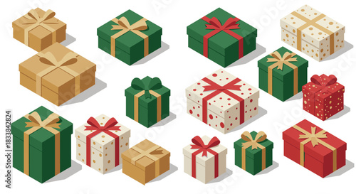 Festive gift boxes with bows and patterns in isometric style for holiday celebrations