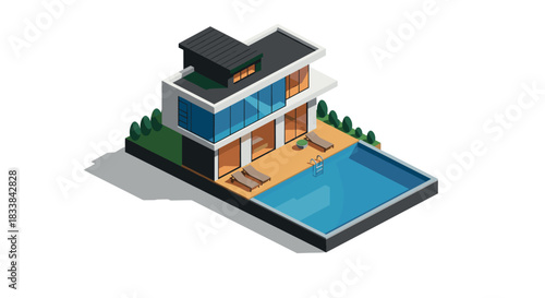 Modern isometric architecture of luxury house with pool and lounge area
