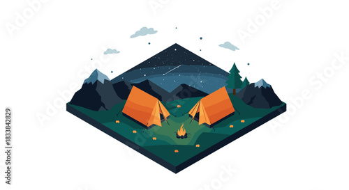 Nighttime camp scene with tents and mountains under starry sky in isometric style
