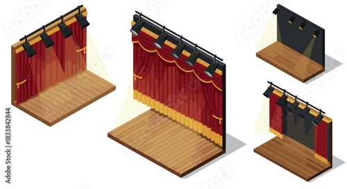 Isometric theater stage with curtains and spotlights in various perspectives