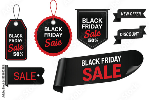 Black friday sale ribbon banners collection isolated. Vector price tags isolated on black background eps