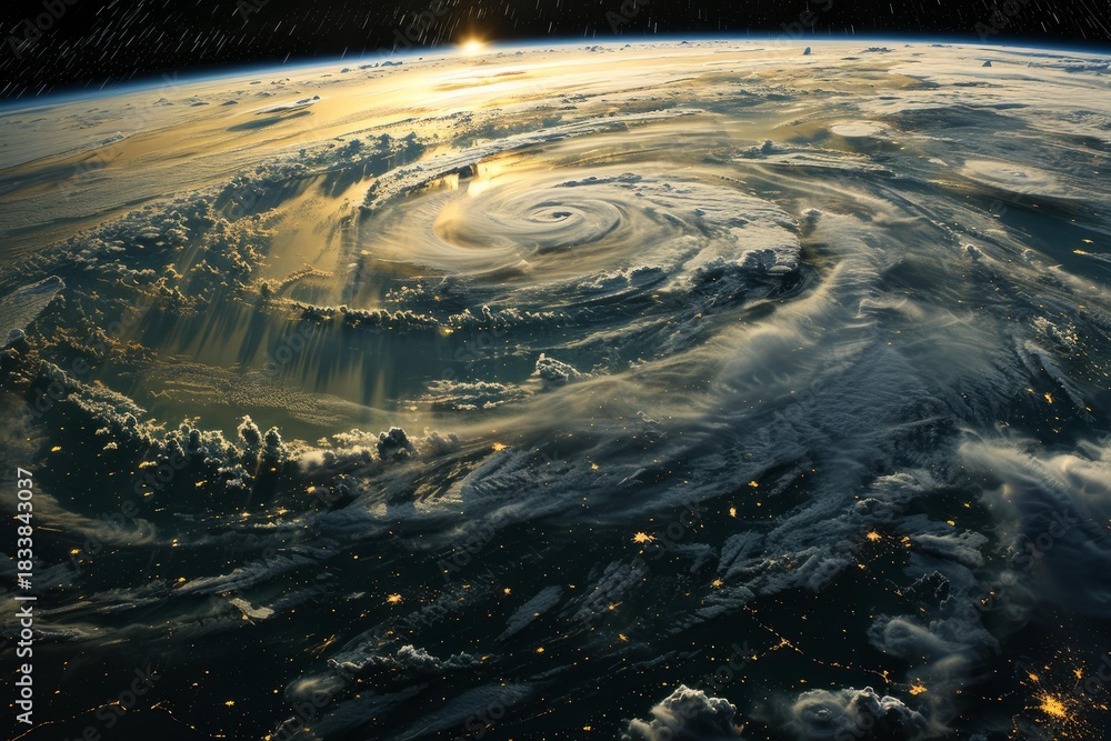 Fototapeta premium Powerful hurricane eye forming over planet earth during sunrise, seen from space