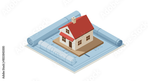 Small house model on architectural blueprint with red roof and rolled plans