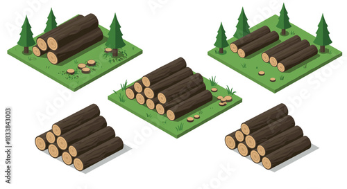 Isometric timber stacks and pine trees on grass