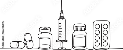Continuous one-line drawing of pills, syringe, vials, and blister pack, representing healthcare and pharmaceutical concepts in a minimalist style. one line Icon drawing