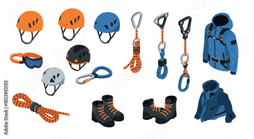 Mountain climbing gear collection: helmets, ropes, carabiners, and jackets in isometric style