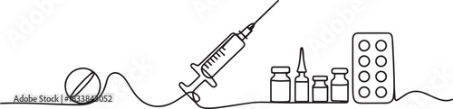 Continuous one-line drawing of pills, syringe, vials, and blister pack, representing healthcare and pharmaceutical concepts in a minimalist style. one line Icon drawing