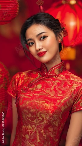A young woman in a traditional red dress stands elegantly, surrounded by vibrant lanterns, celebrating cultural heritage and beauty.