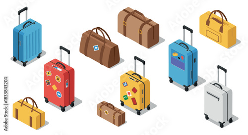 Isometric travel luggage collection with colorful suitcases and bags