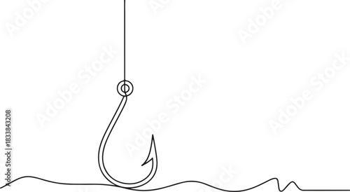 Fishing hook line continuous drawing vector. One line Hook vector background. fisherman's equipment icon. one line Icon drawing