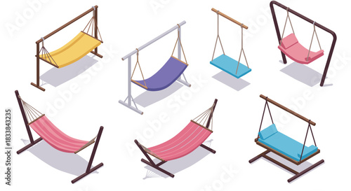 Isometric cozy hammocks and swings collection for relaxation spaces