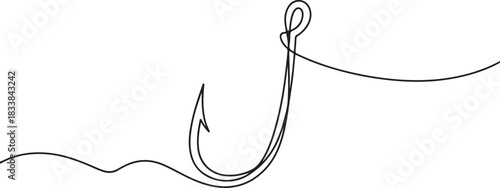 Fishing hook line continuous drawing vector. One line Hook vector background. fisherman's equipment icon. one line Icon drawing