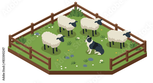Sheep and dog in fenced pasture isometric design