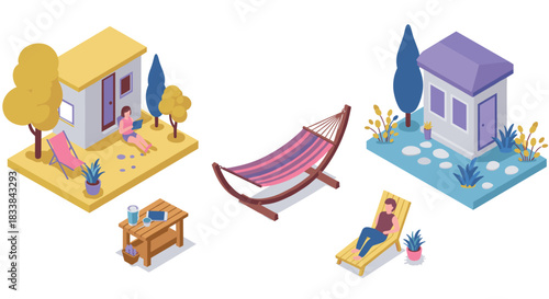 Cozy backyard relaxation with hammock and lounge chairs in isometric design