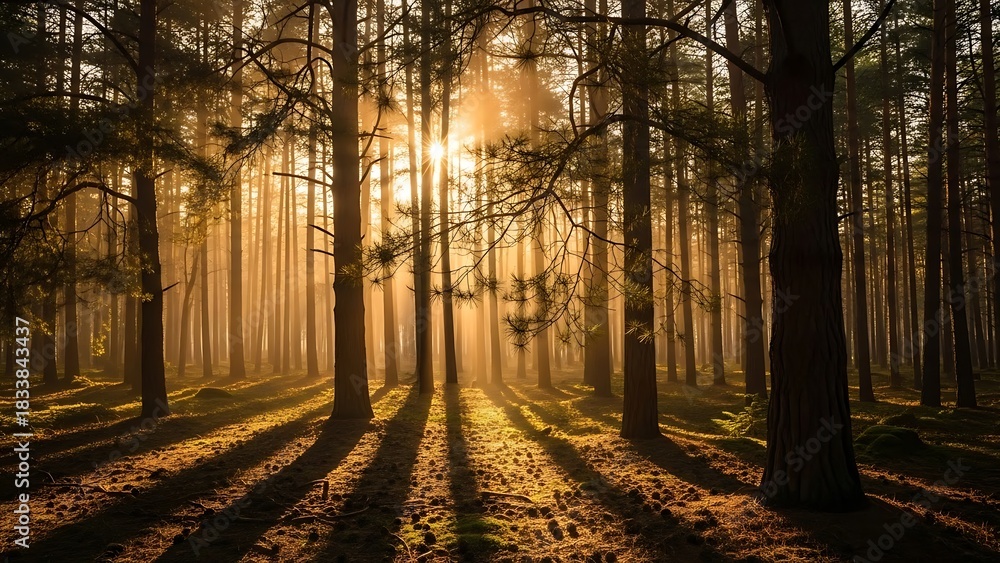 Fototapeta premium Golden Forest Sunlight: Majestic Trees and Long Shadows in Morning Mist.