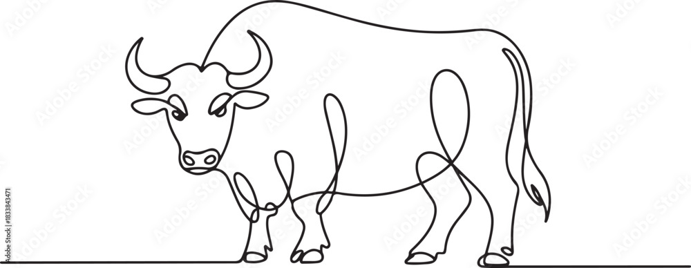 Fototapeta premium Continuous single line sketch drawing of angry bull cow buffalo wild mammal animal wildlife editable stroke vector illustration. one line Icon drawing